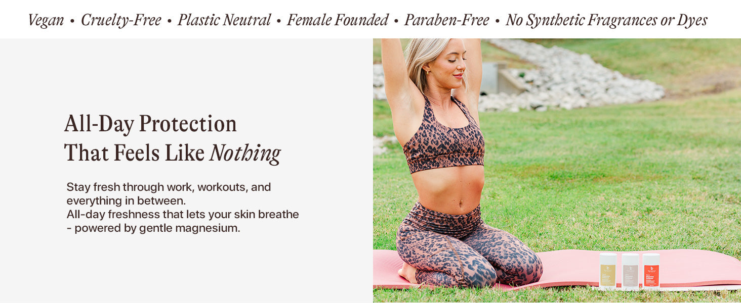 Woman practicing yoga outdoors with product information on a green background