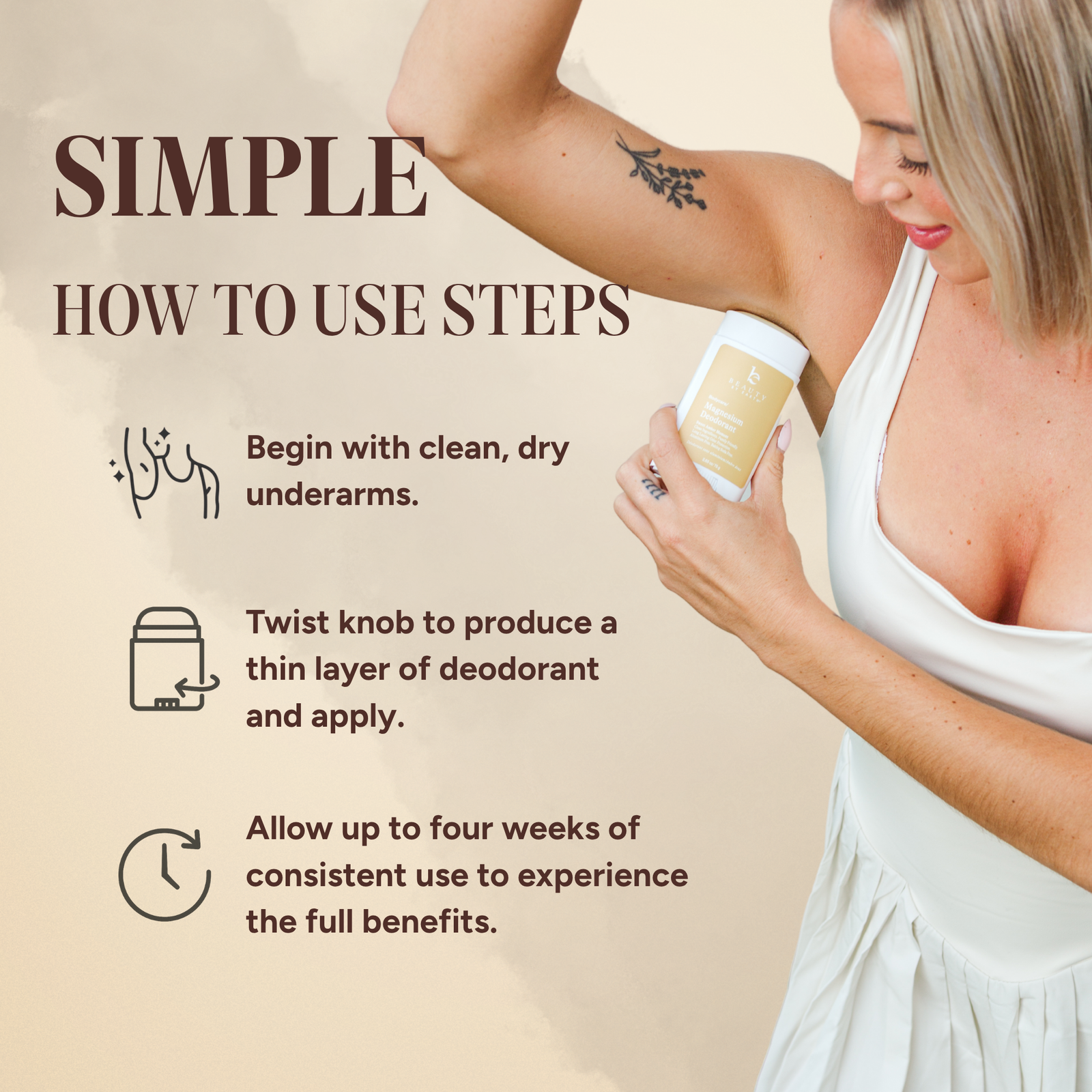 Woman using a deodorant stick with instructions on how to use it.
