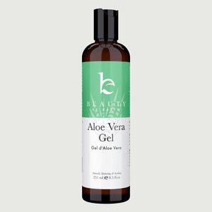 Bottle of Aloe Vera Gel with a green label on a light gray background