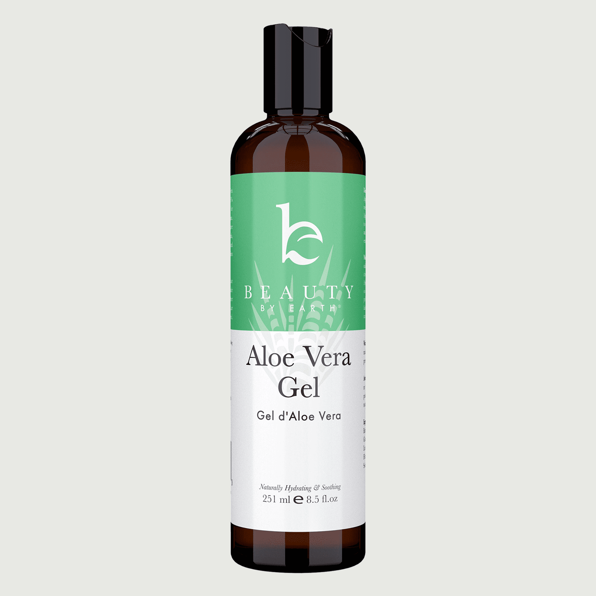 Bottle of Aloe Vera Gel with a green label on a light gray background
