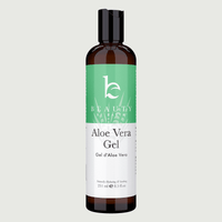 Bottle of Aloe Vera Gel with a green label on a light gray background