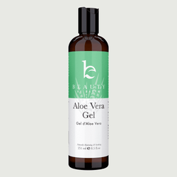 Bottle of Aloe Vera Gel with a green label on a light gray background
