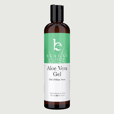 Bottle of Aloe Vera Gel with a green label on a light gray background