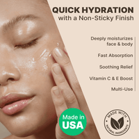 Product advertisement for quick hydration with a non-sticky finish, featuring a hand applying cream to a face.