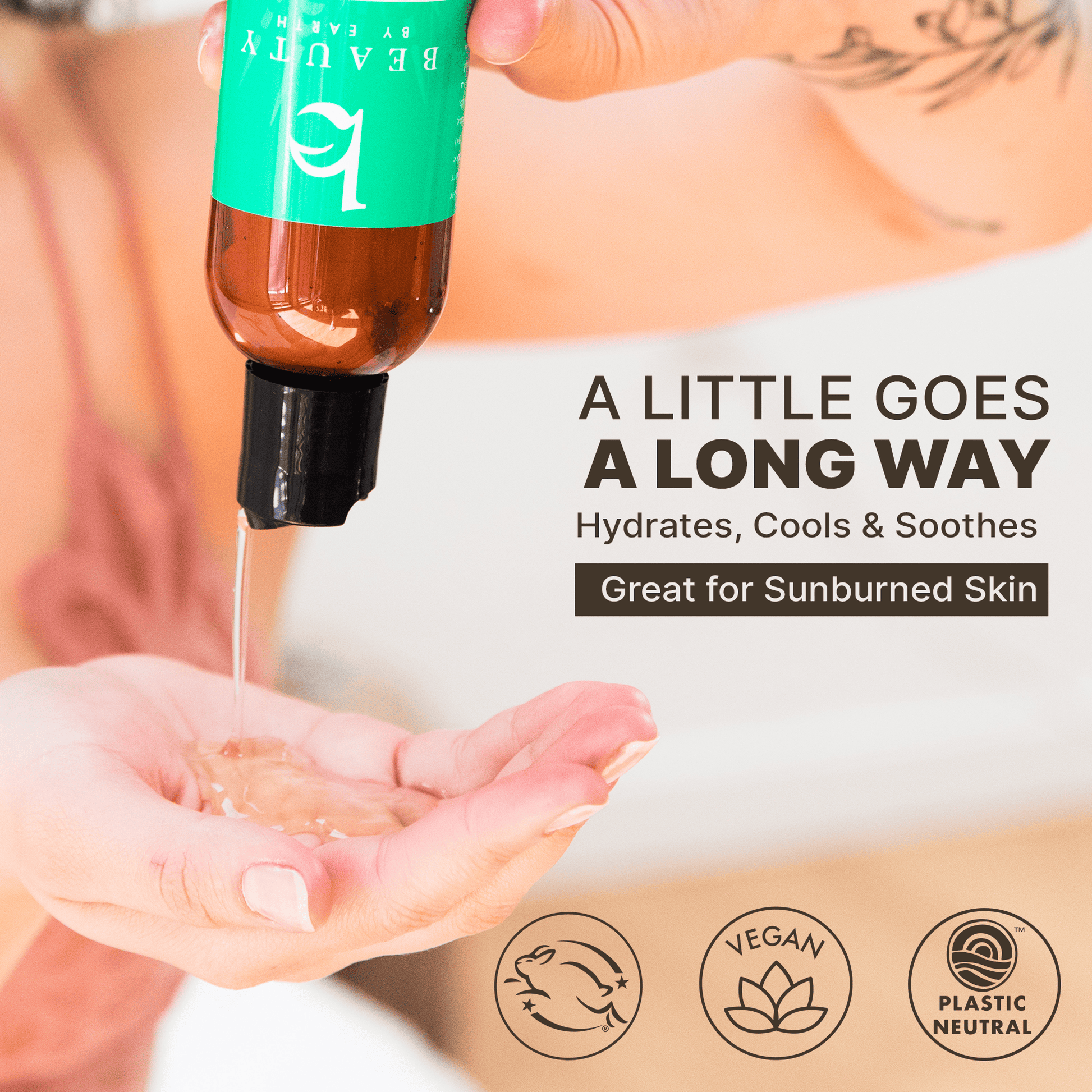 Bottle of skincare product being dispensed into a hand with promotional text and icons.