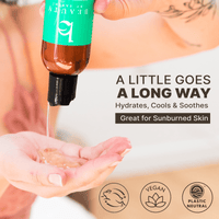 Bottle of skincare product being dispensed into a hand with promotional text and icons.