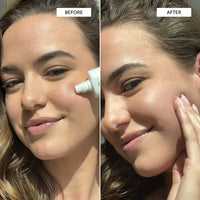 Before and after comparison of a woman applying sunscreen to her face.