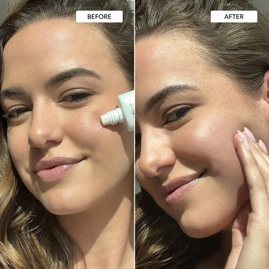 Before and after comparison of a woman applying sunscreen to her face.