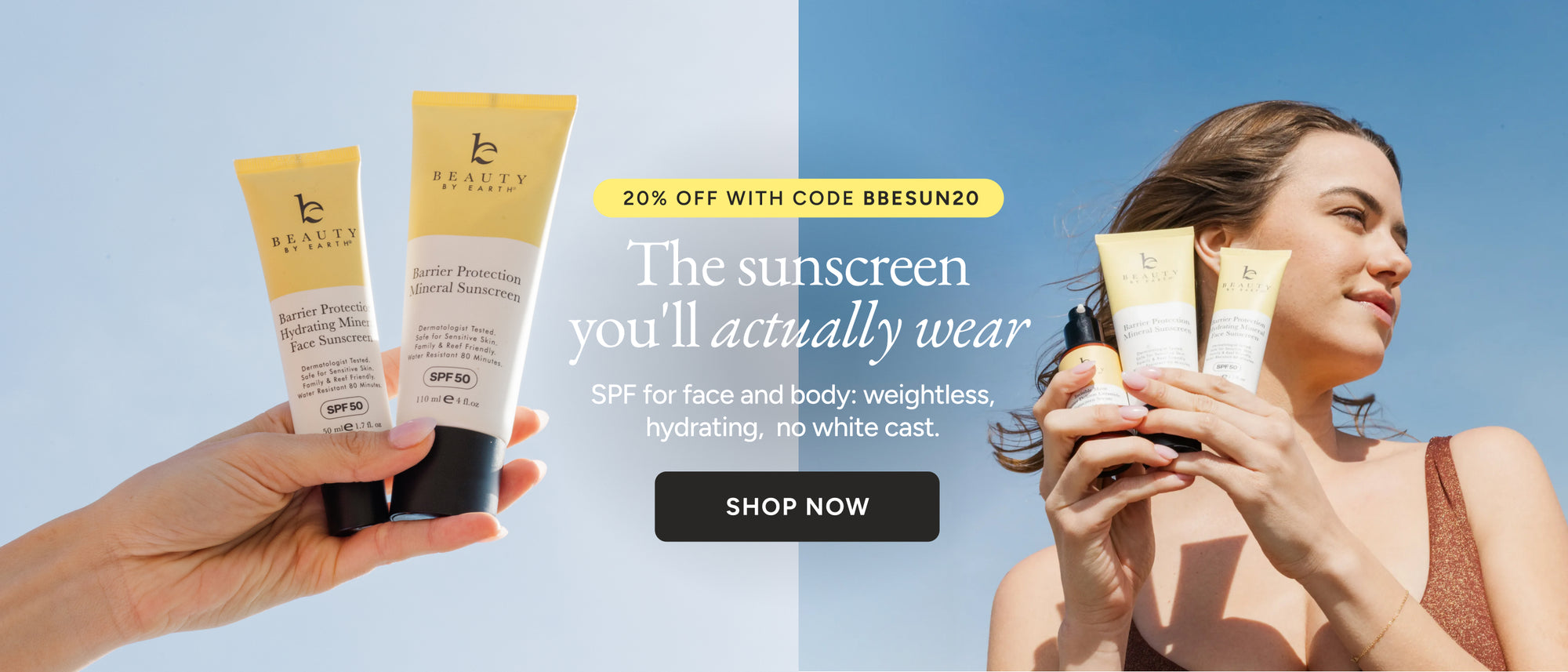 Two people holding sunscreen bottles with a promotional banner on a clear sky background
