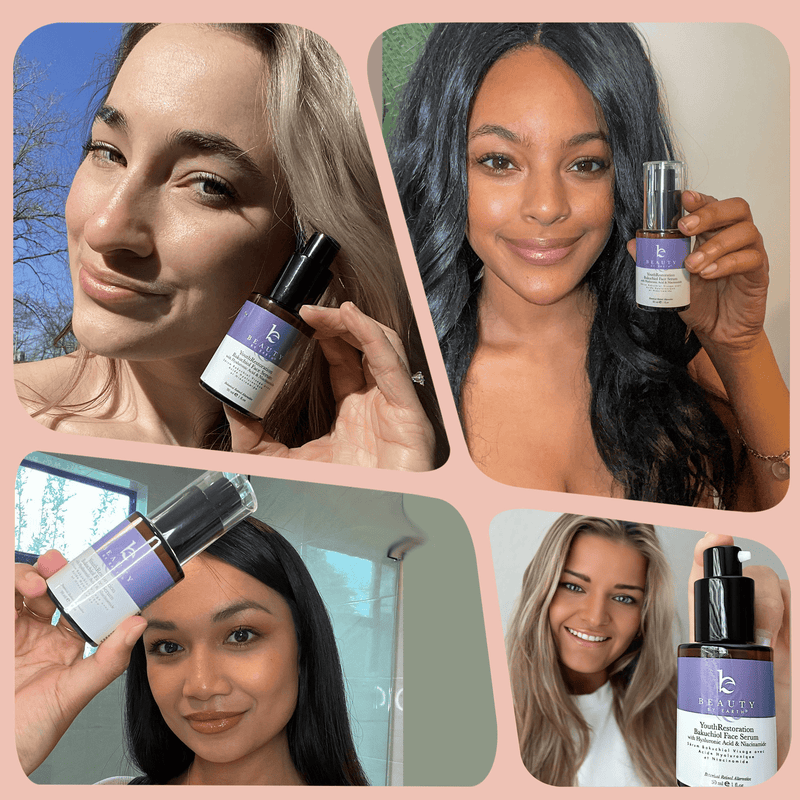 Collage of women holding a skincare product with a pink border