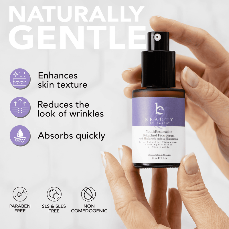 Hand holding a bottle of serum with product features listed on a white background