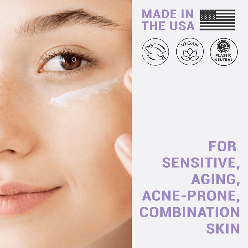 Close-up of a woman's face with skincare product and product information on the side.