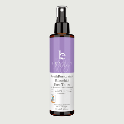 Bottle of Youth Restoration Bakuchiol Face Toner with a purple label on a white background