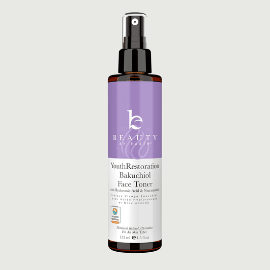 Bottle of Youth Restoration Bakuchiol Face Toner with a purple label on a white background