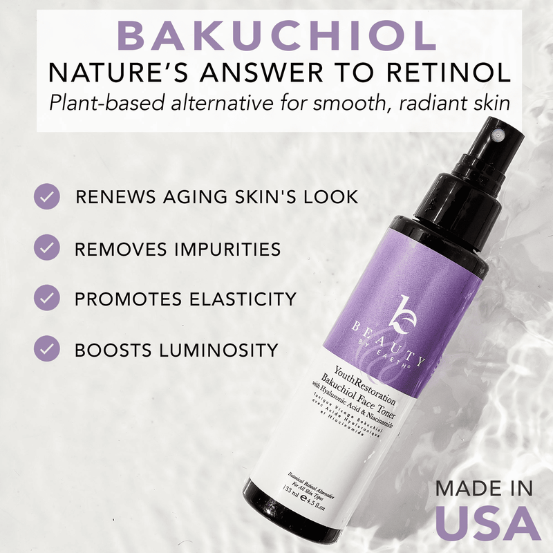 Bakuchiol skincare product with benefits listed on a textured background