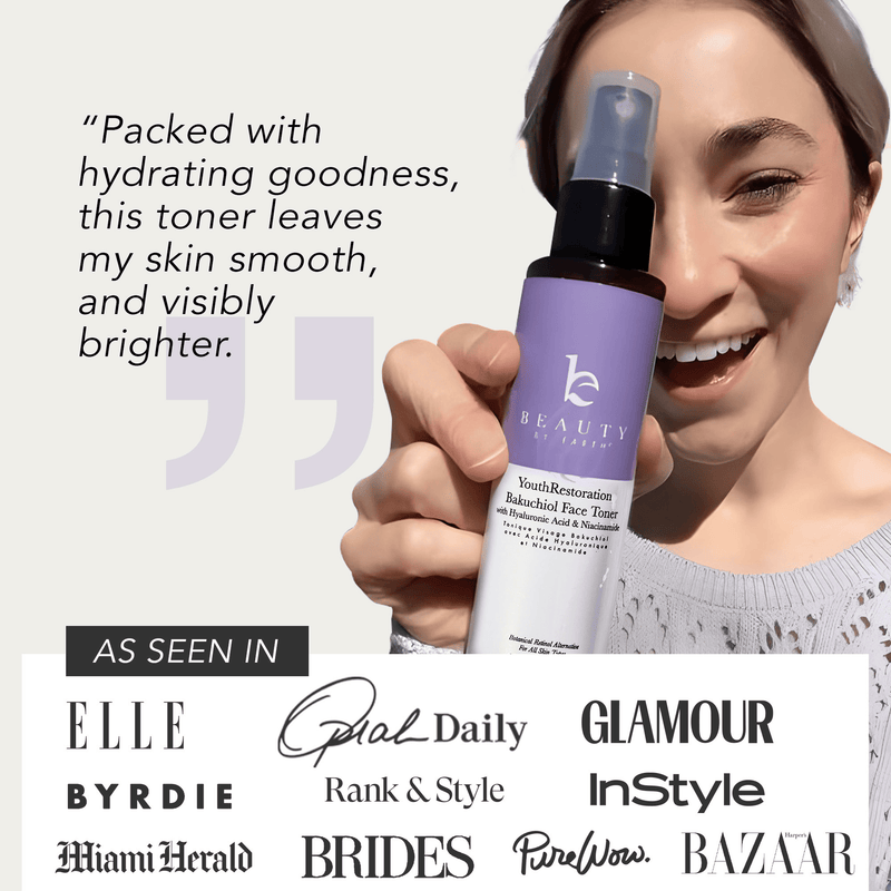Woman holding a toner bottle with text about its benefits and media mentions.