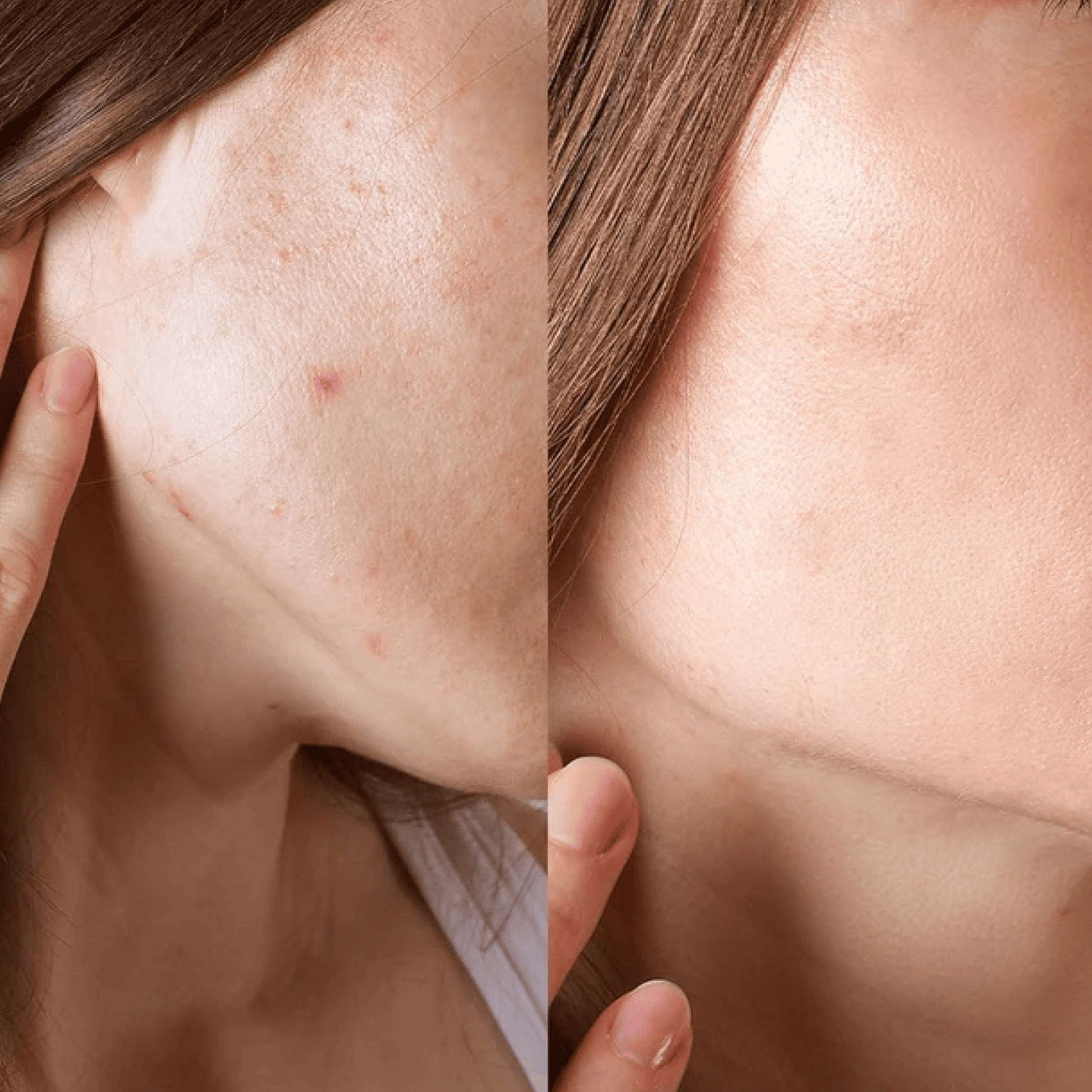 Before and after comparison of skin texture on a person's neck.
