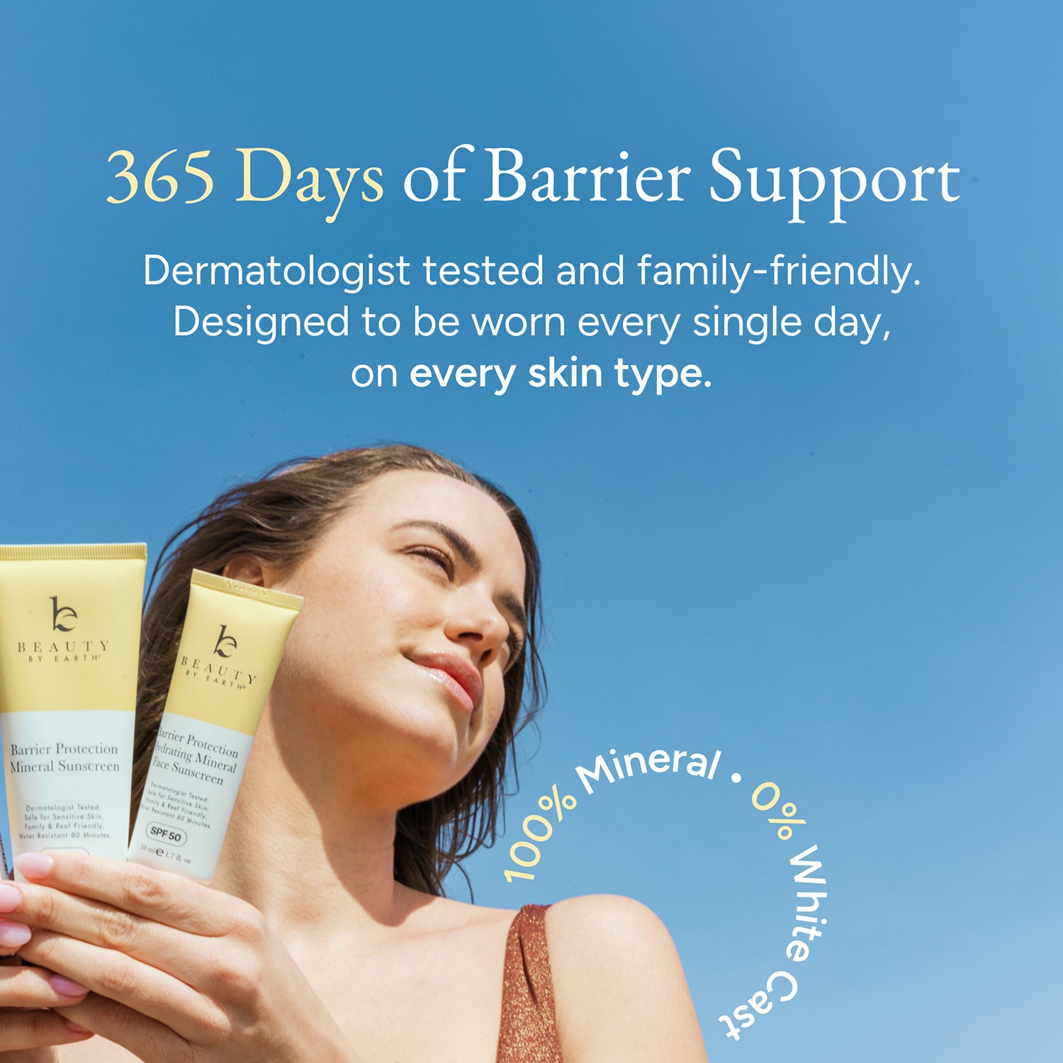 Woman holding skincare products with a blue sky background and text about barrier support.