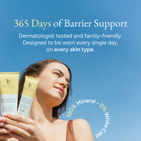 Woman holding skincare products with a blue sky background and text about barrier support.