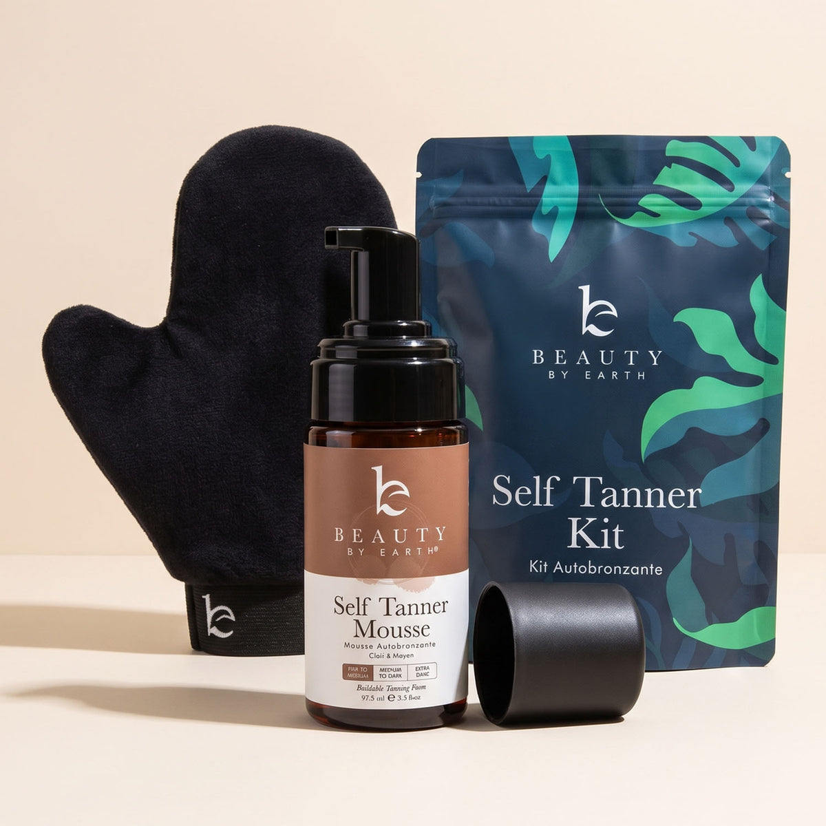 Beauty by Earth Self Tanner Kit featuring a black mitt