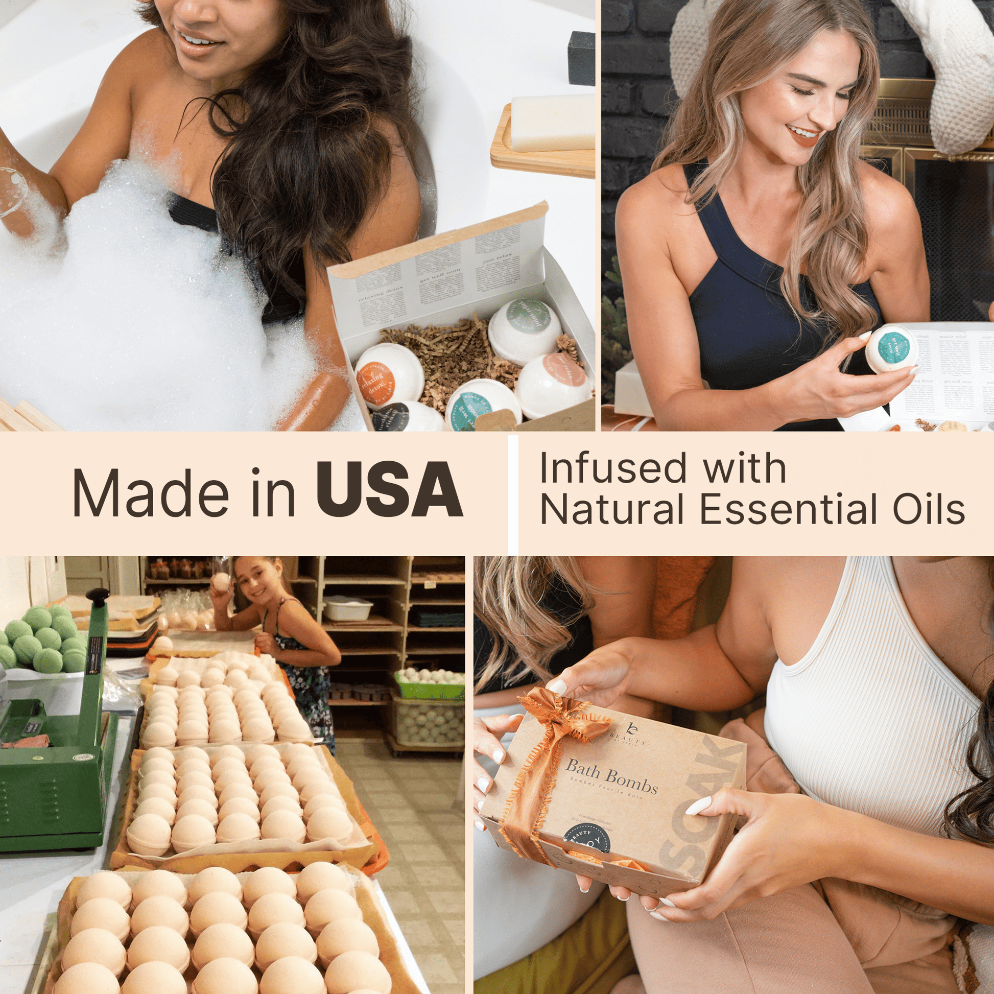Made in USA, infused with natural essential oils women using bath bombs
