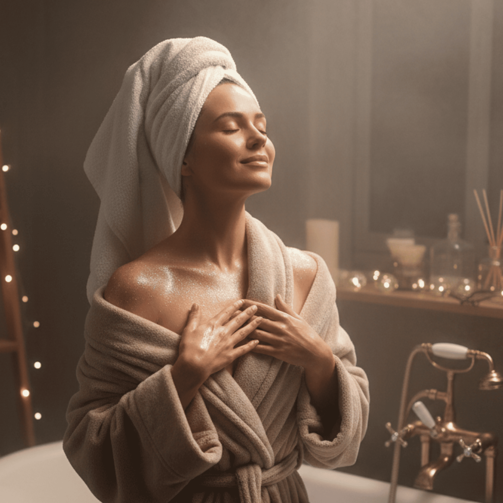 a woman in the bathroom feeling relaxed after taking bath with bath bombs