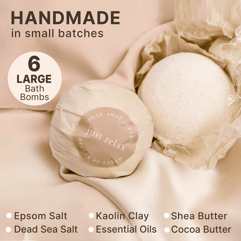handmade in small batches, 6 large bath bombs and ingredients