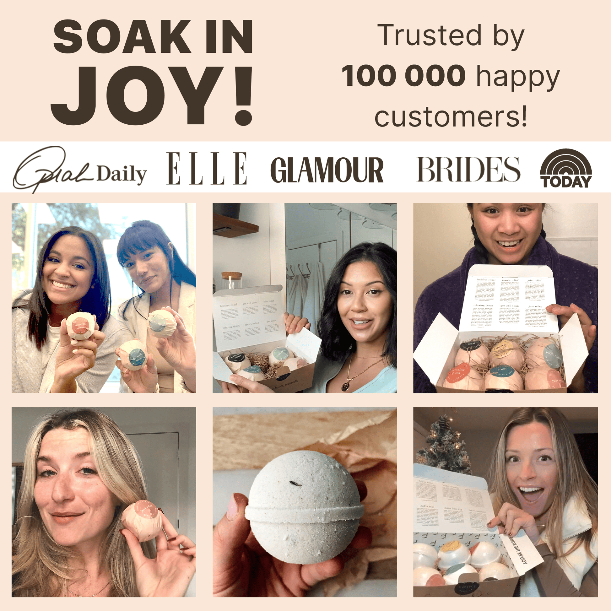 soak in joy, UGC people using Beauty by Earth bath bombs in different situations. 