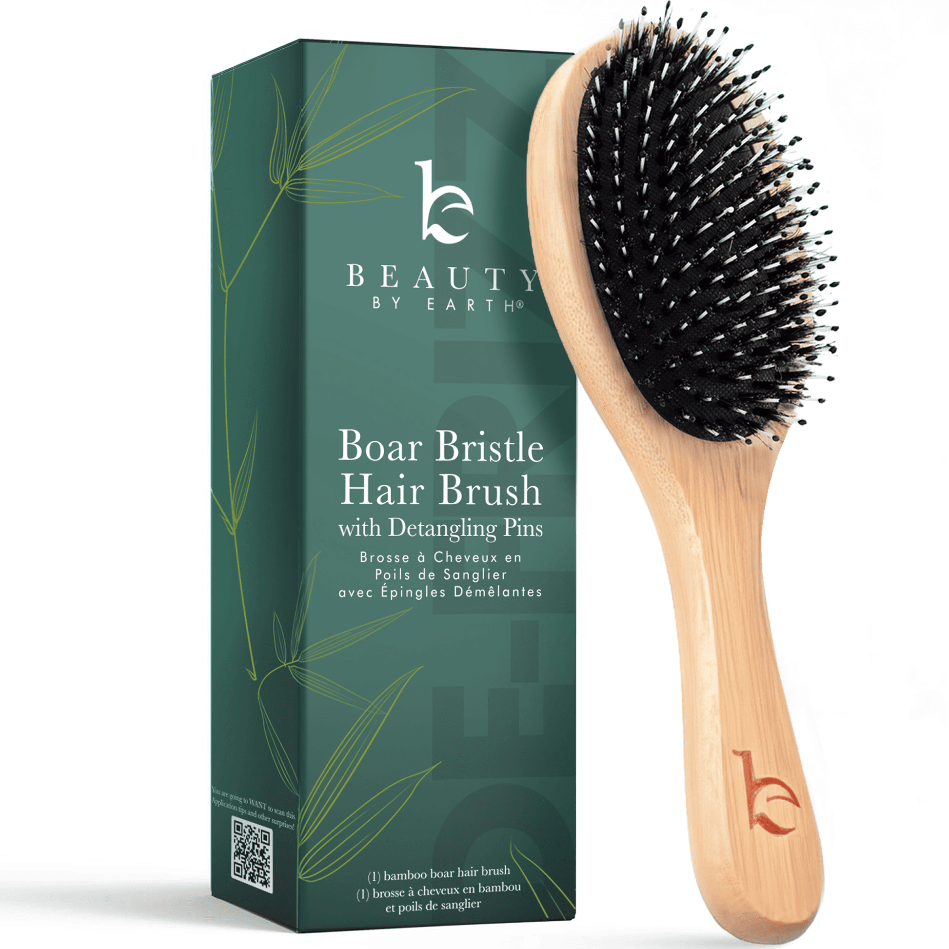 Boar Bristle Hair Brush with packaging on a white background
