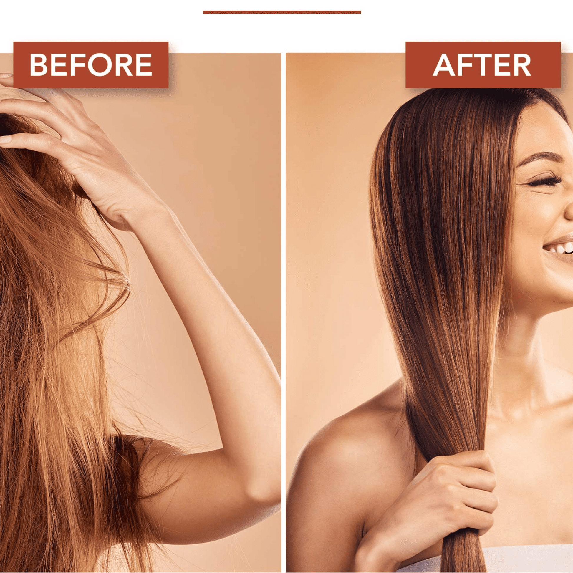 Before and after comparison of a woman with straightened hair against a beige background.
