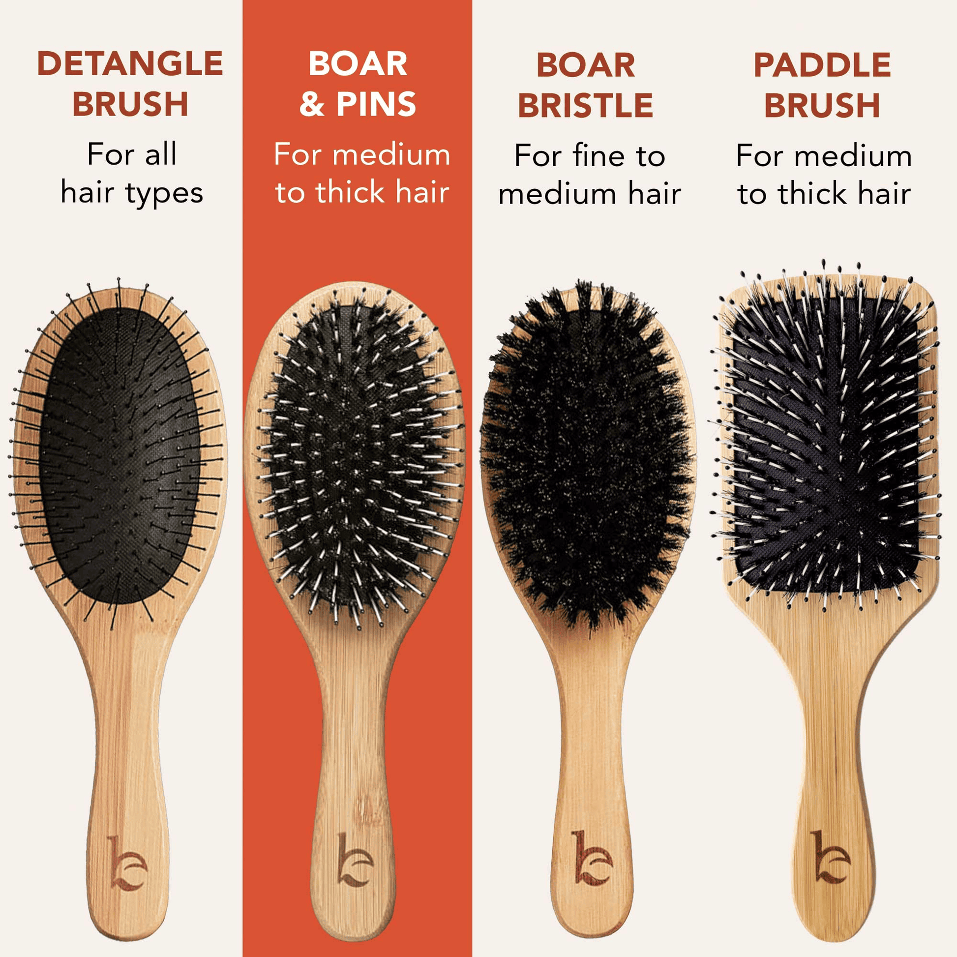 Four types of hairbrushes with descriptions and branding on a red and beige background.