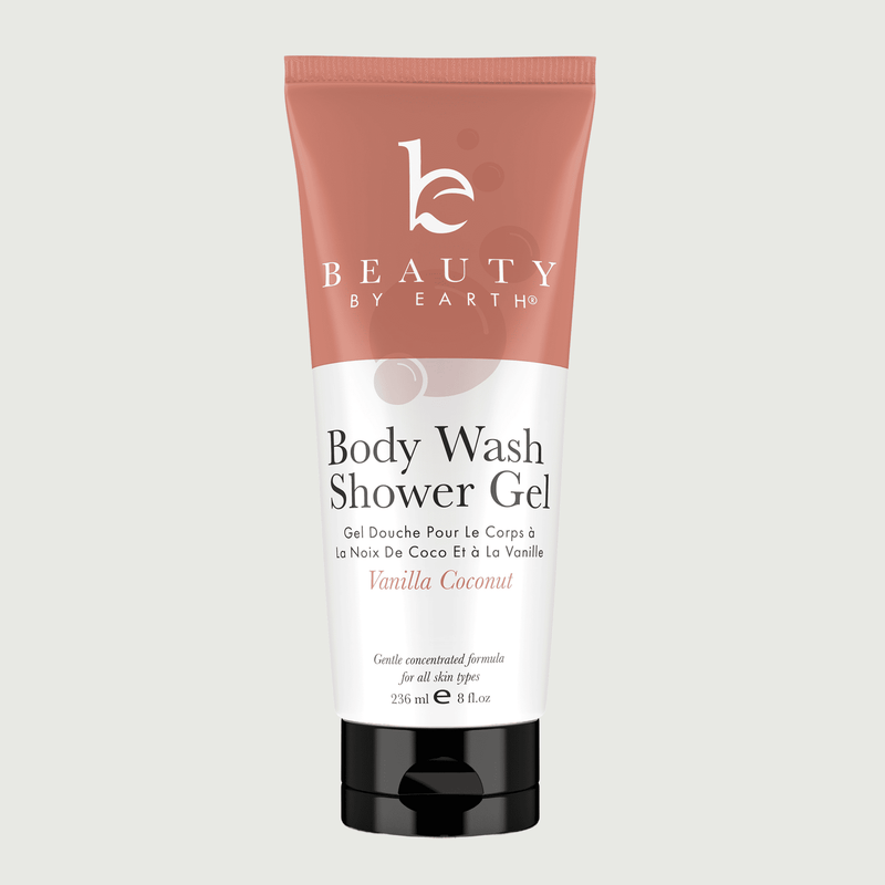 Body wash shower gel vanilla coconut tube with 'Beauty by Earth' branding on a light gray background