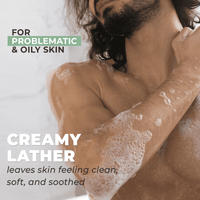 For problematic and oily skin, creamy lather leaves skin feeling clean, soft and soothed - model using body wash shower gel on body
