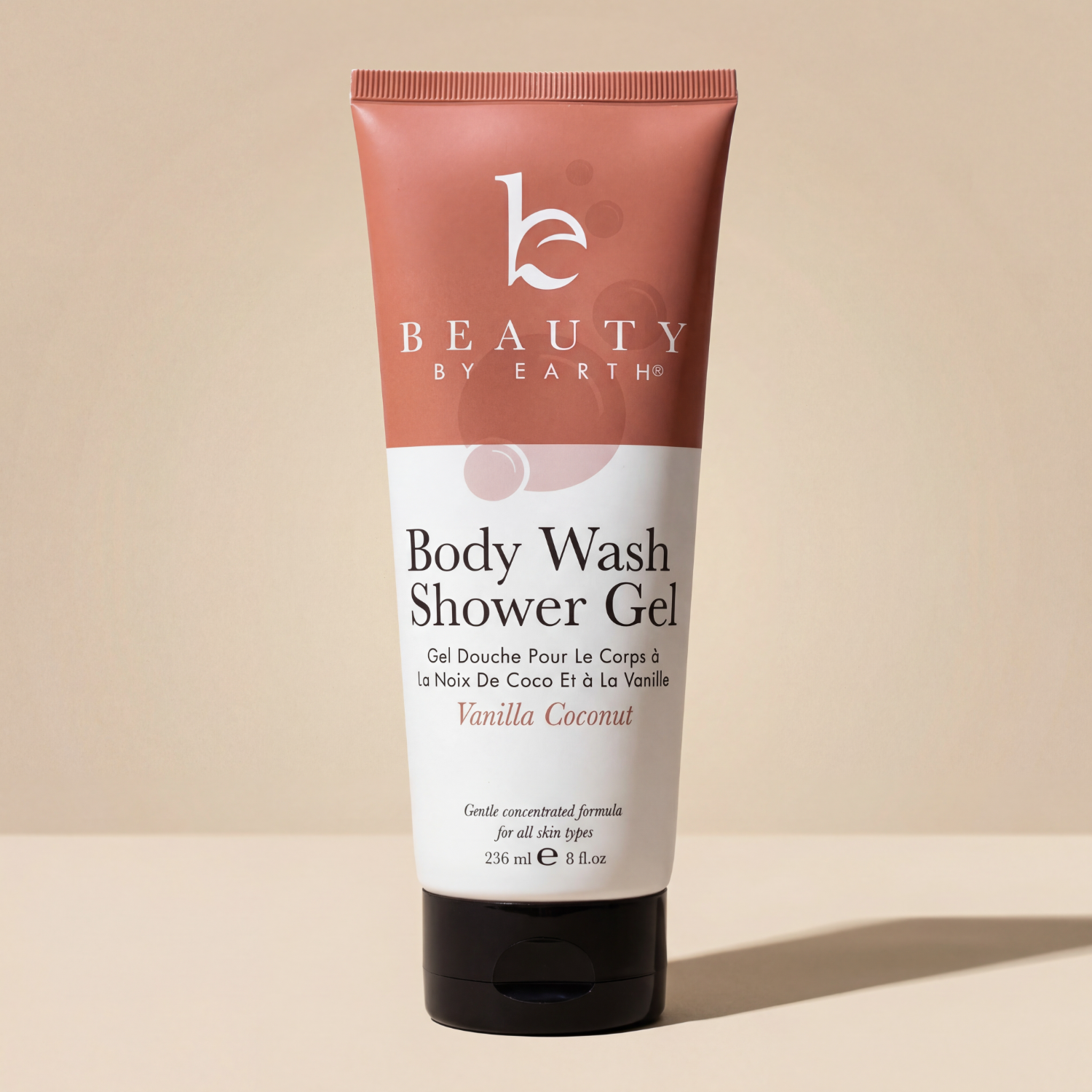 Body wash shower gel vanilla coconut tube with 'Beauty by Earth' branding