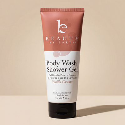 Body wash shower gel vanilla coconut tube with 'Beauty by Earth' branding