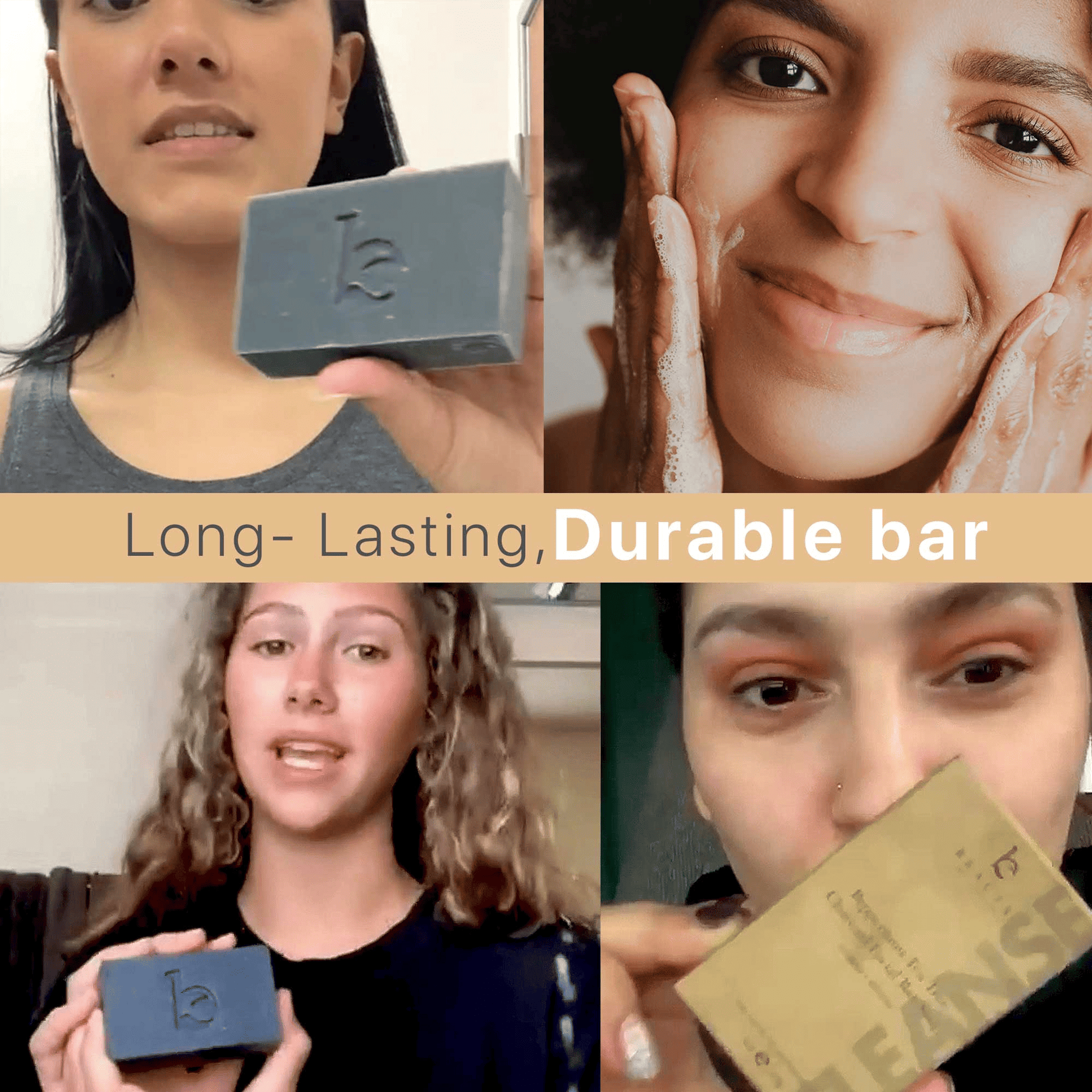Collage of a women holding a charcoal bar of soap and applying it to the face, with text 'Long-Lasting, Durable bar'.