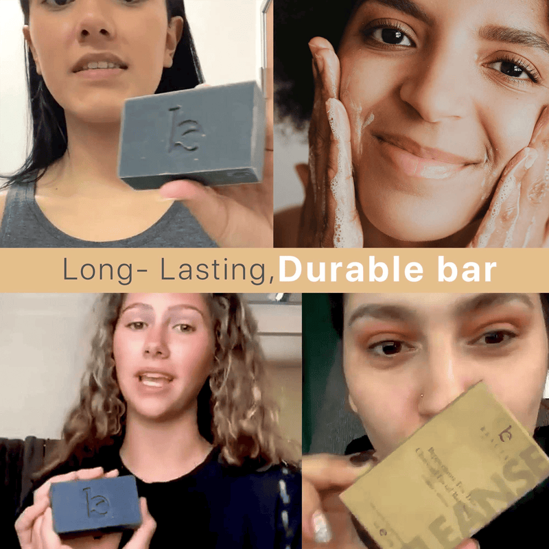 Collage of a women holding a charcoal bar of soap and applying it to the face, with text 'Long-Lasting, Durable bar'.