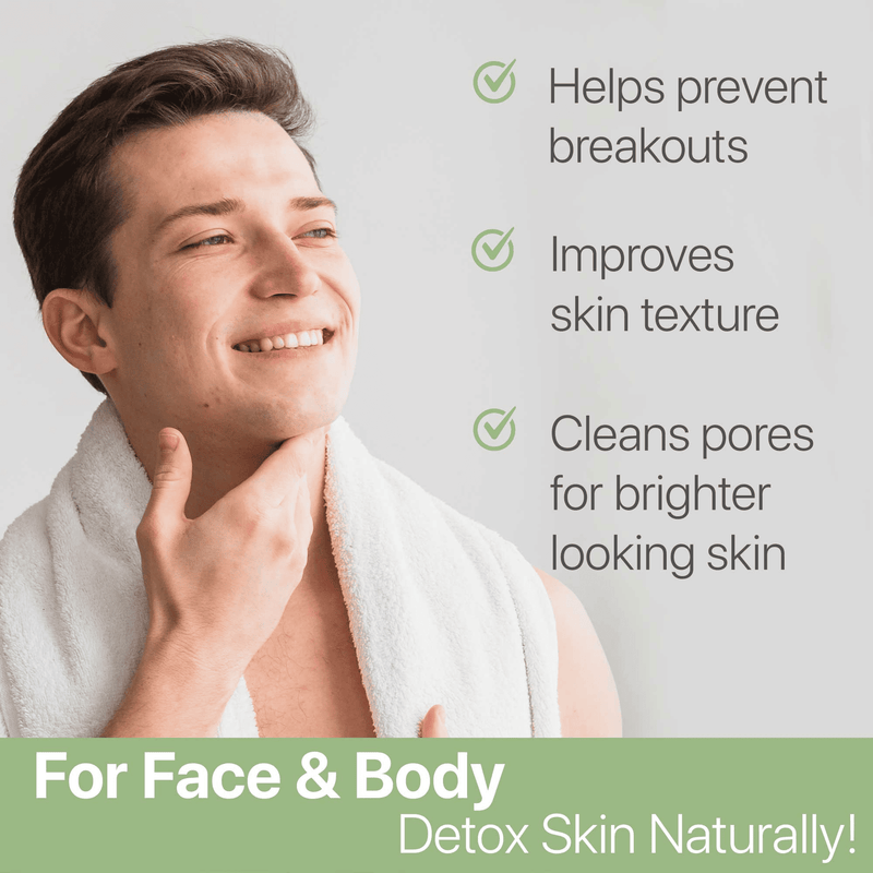 helps prevent breakouts, improves skin texture, cleans pores for brighter looking skin - for face and body detox skin naturally - man model holding his face with glowing skin