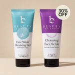 Two skincare products, Face Wash Cleansing Gel and Cleansing Face Scrub, with a 30% off discount label on a beige background.