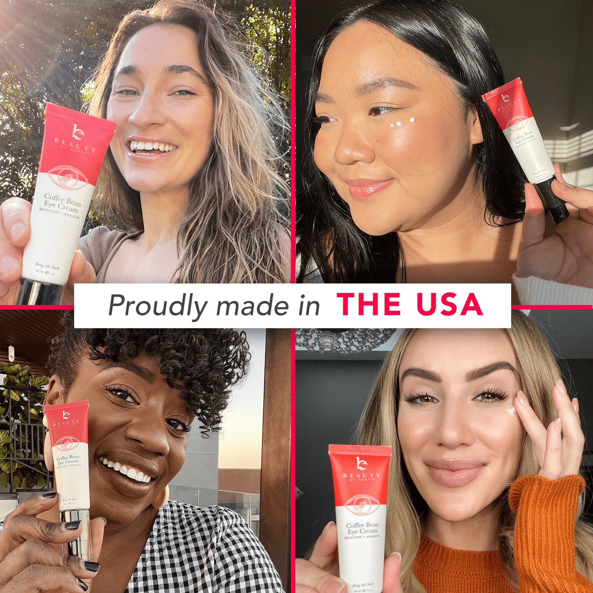 Proudly made in the USA, UGC content holding coffee bean eye cream in hand next to face