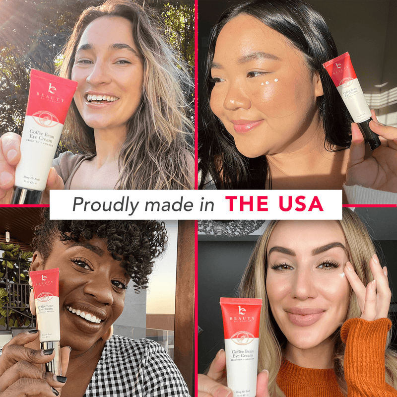 Proudly made in the USA, UGC content holding coffee bean eye cream in hand next to face