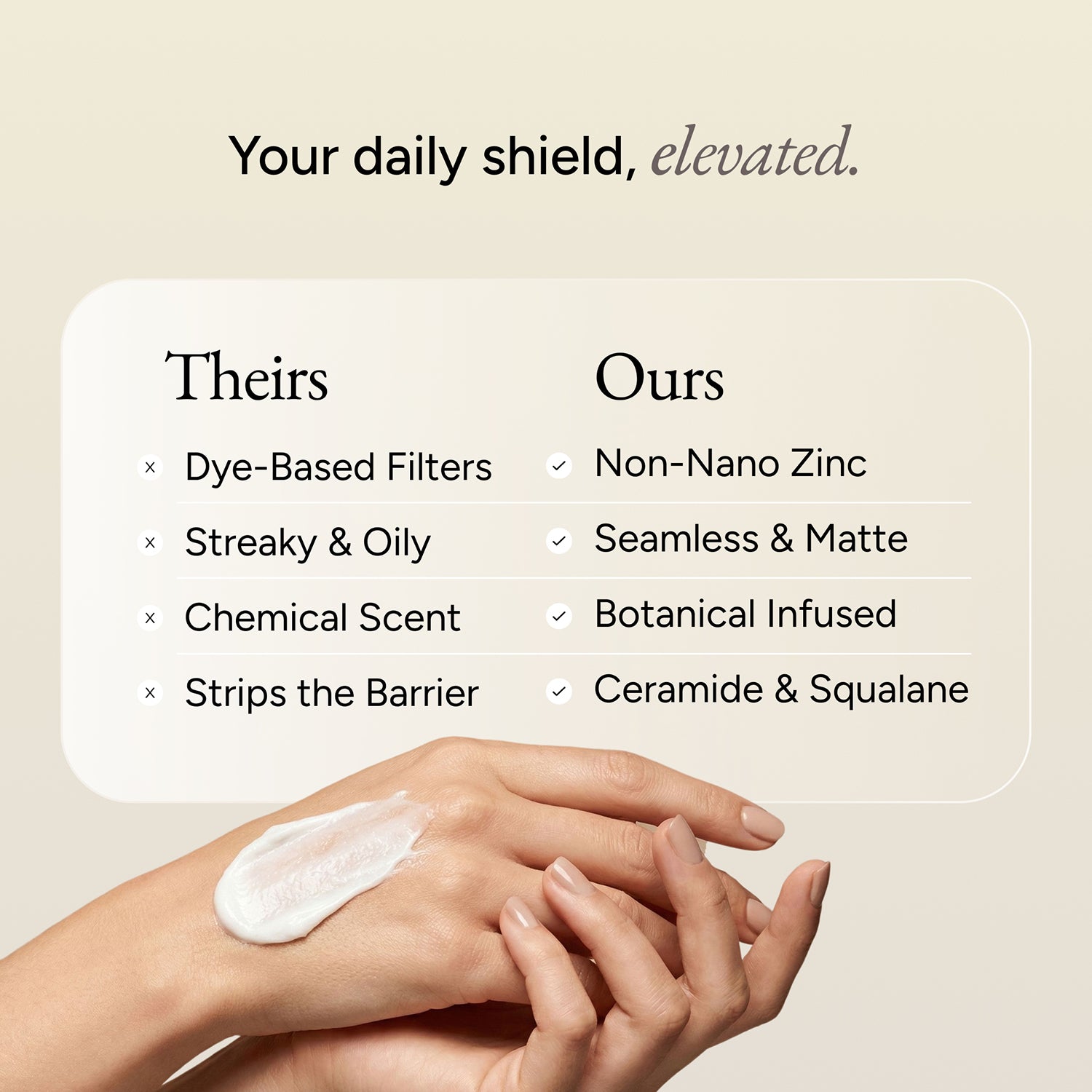 Comparison chart of 'Their' and 'Ours' sunscreens with a hand applying product