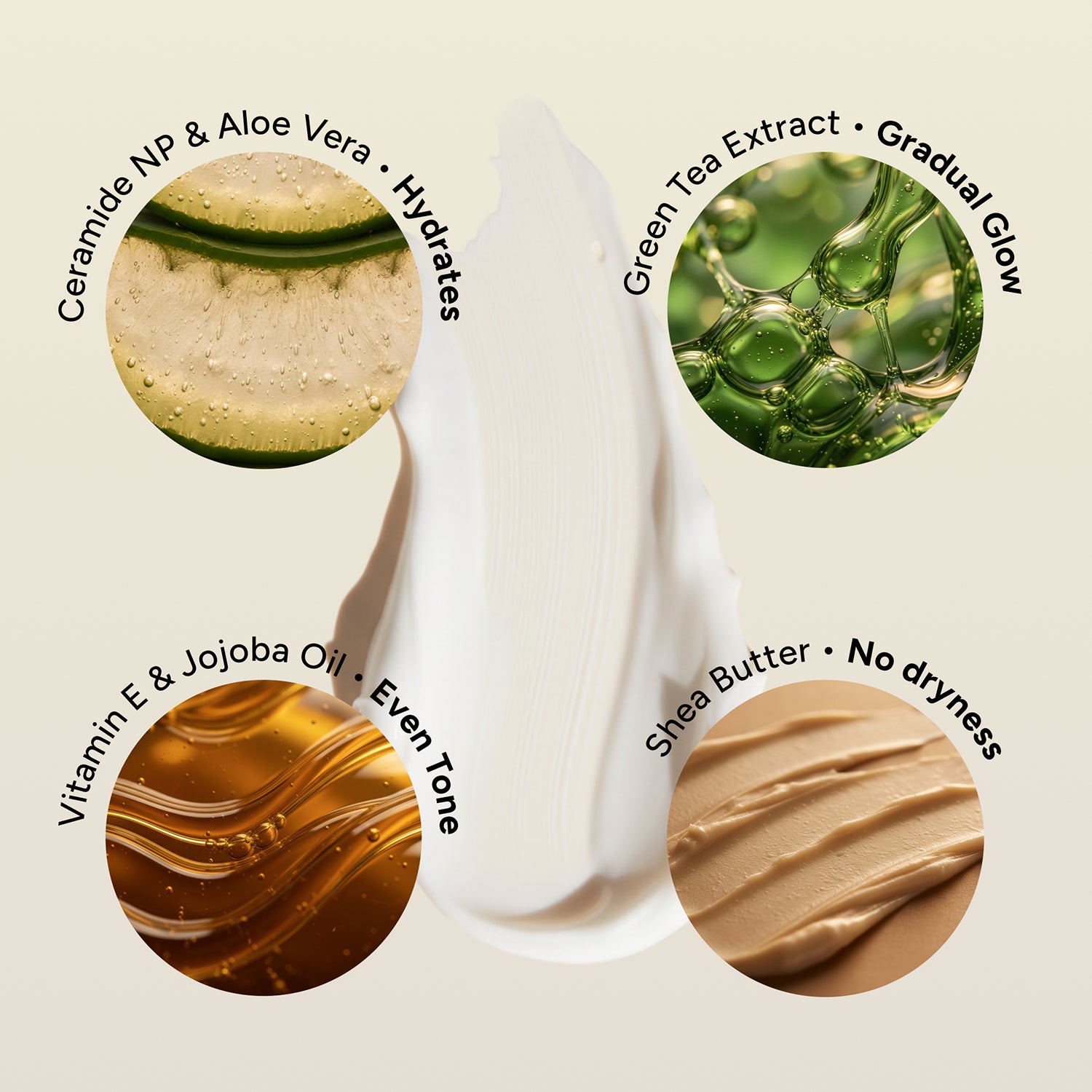 Sunscreen droplet with ingredients on a beige background