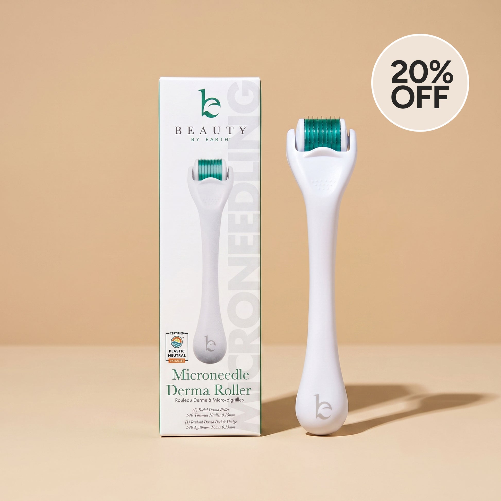Microneedling derma roller with packaging and 20% off label on a beige background