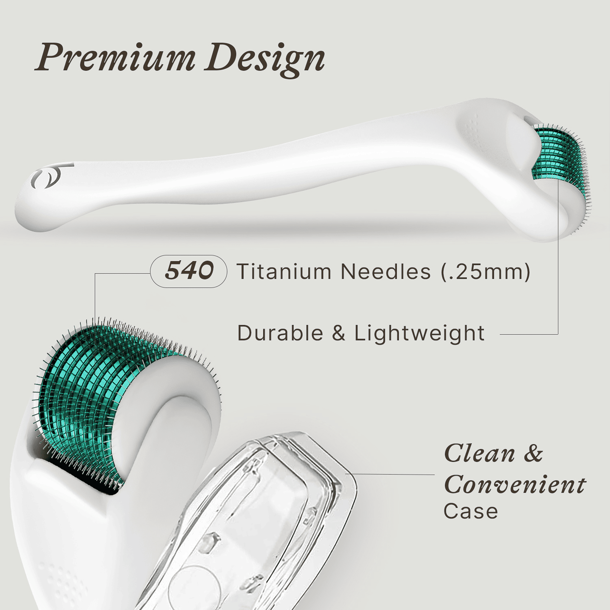 Derma roller with titanium needles and clear case on a light gray background