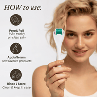 Woman holding a skincare tool with usage instructions on a light background