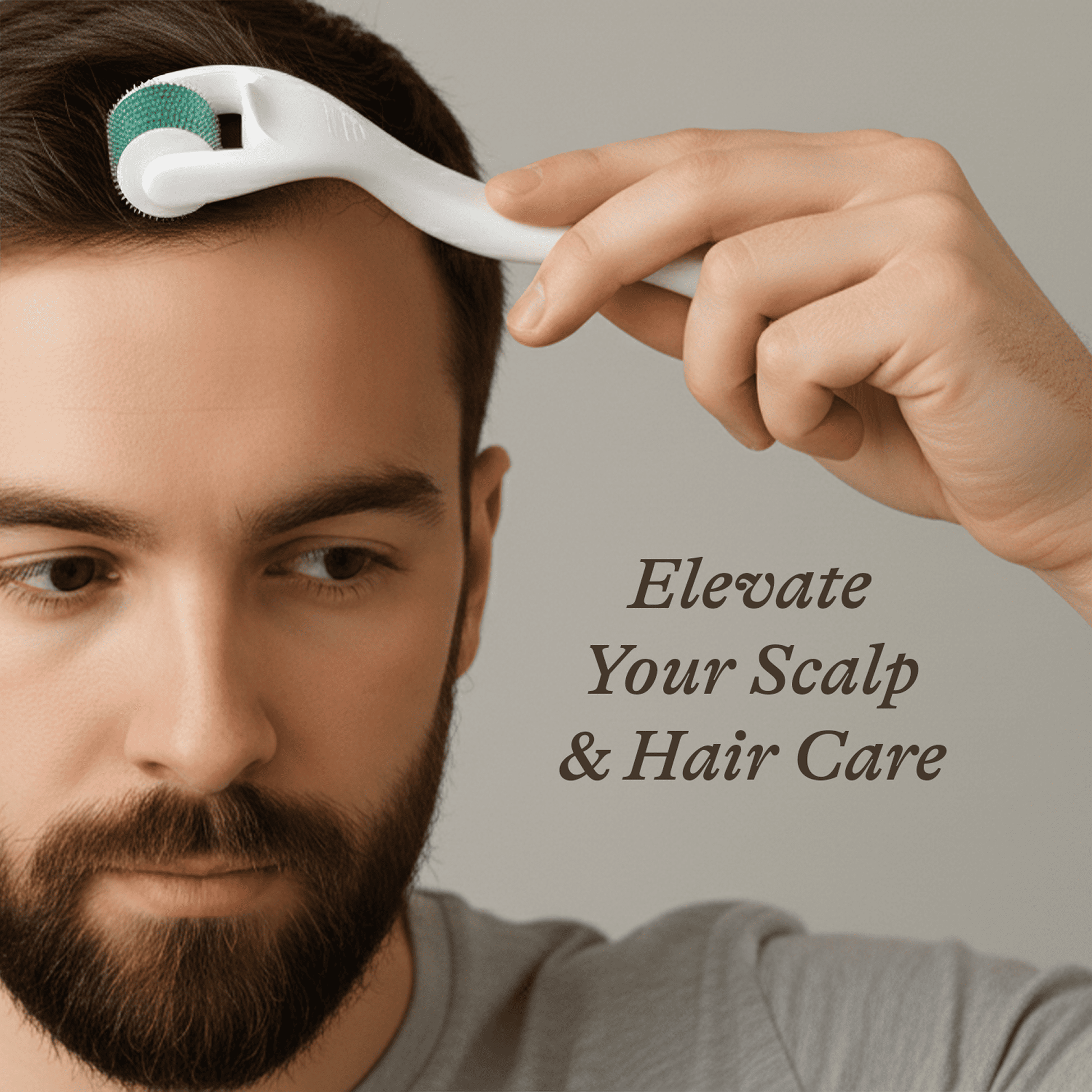 Man using a scalp derma roller with text 'Elevate Your Scalp & Hair Care' on a neutral background