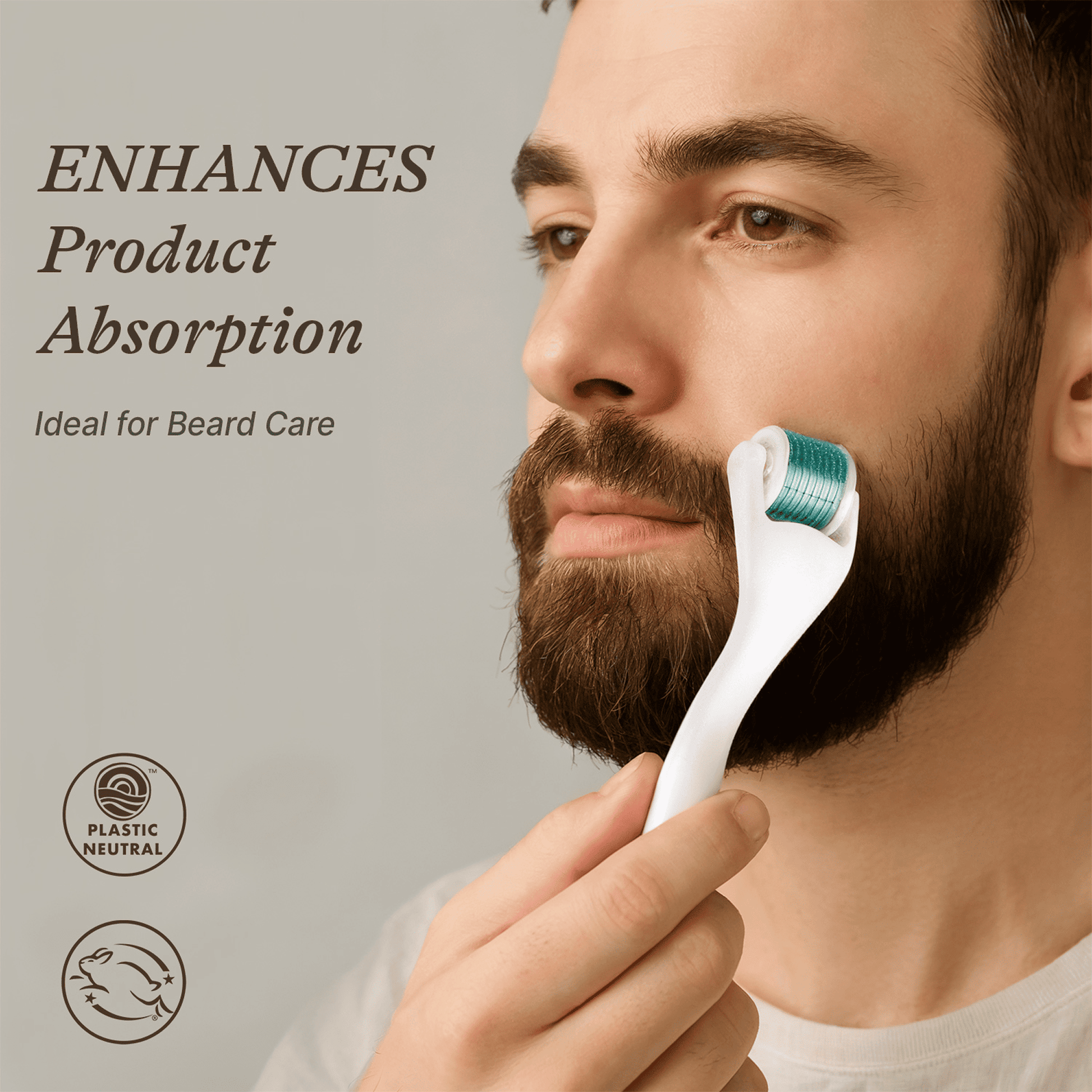 Man using a derma roller tool on his beard with text about product absorption and beard care.