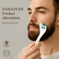 Man using a derma roller tool on his beard with text about product absorption and beard care.