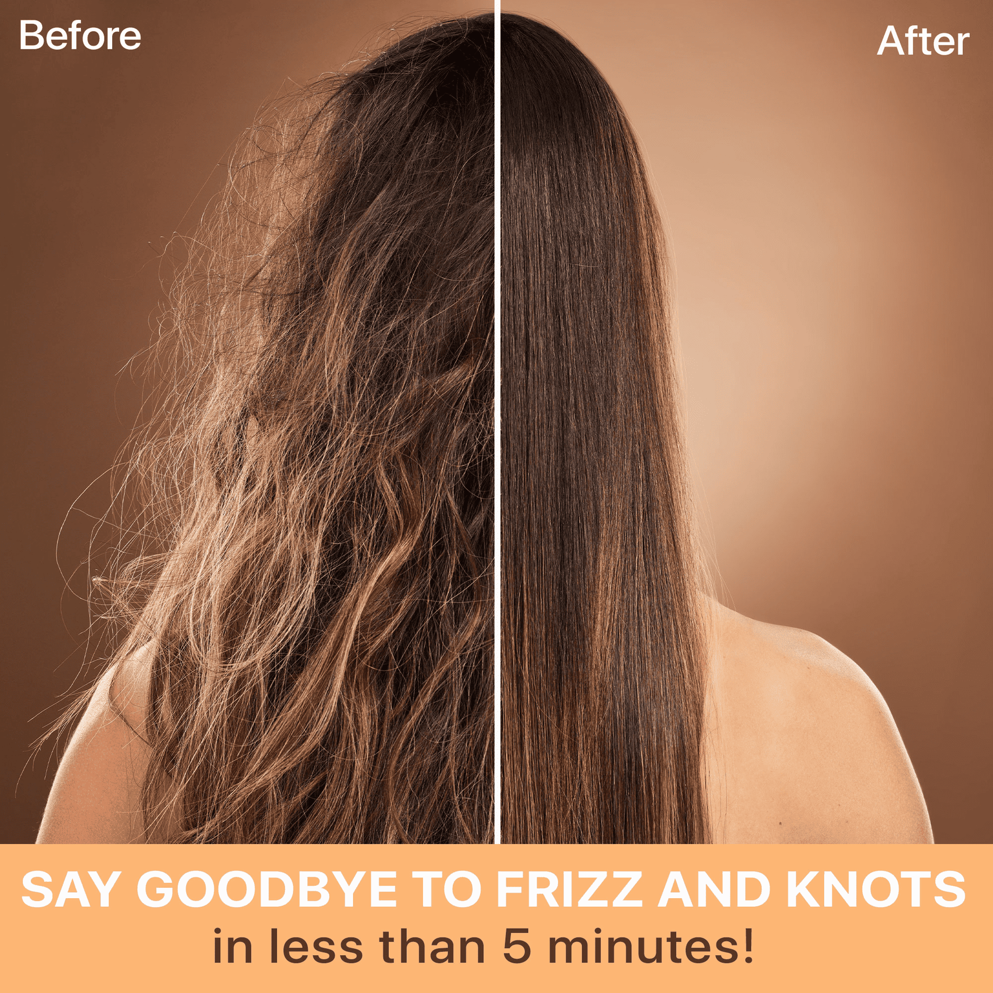 Before and after comparison of hair with frizz and knots on a brown background.
